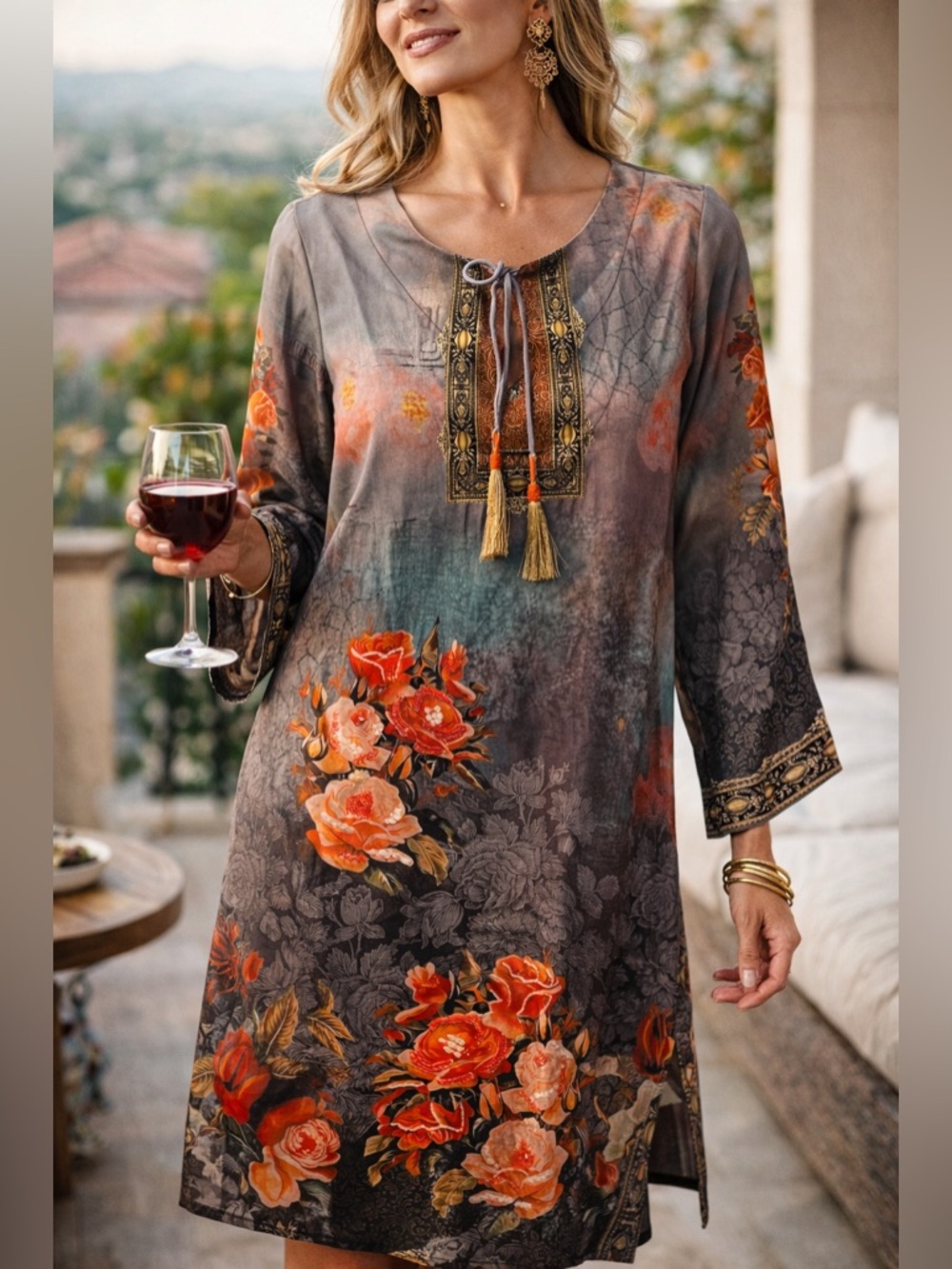 Soft Surroundings Tunic Dress M Embellished Floral Boho Luxe Tassel EUC beaded